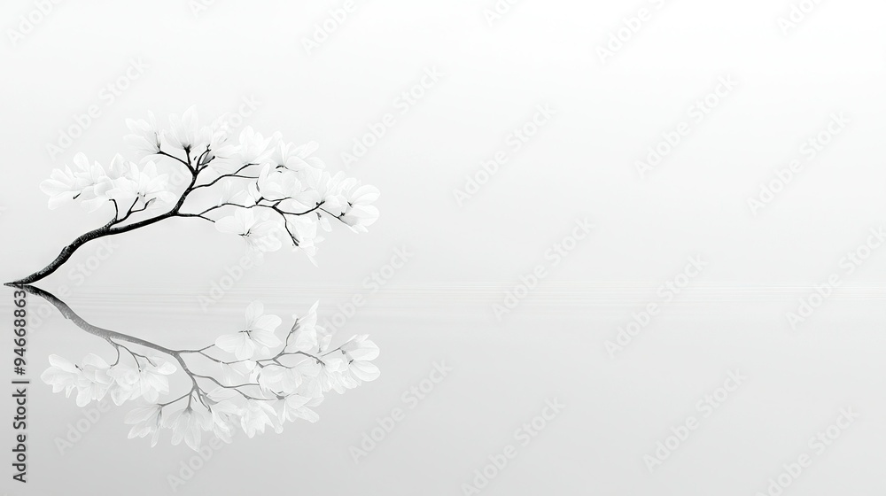 A monochrome image depicts a tree with white blossoms in the foreground and a mirrored water scene in the background A monochrome image depicts a tree with white blossoms in the foreground and a mirrored water scene in the background