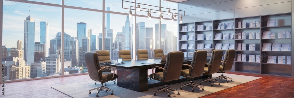 Modern conference room interior with boardroom table, armchairs, laptop, and shelves filled with business documents. Features panoramic windows showcasing a city skyline. 3D rendering. Modern conference room interior with boardroom table, armchairs, laptop, and shelves filled with business documents. Features panoramic windows showcasing a city skyline. 3D rendering.