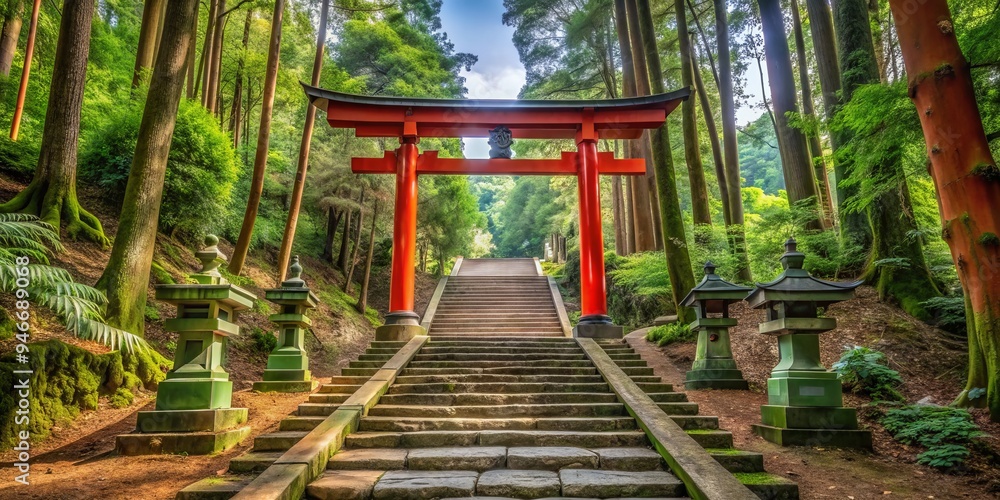 A Stone Stairway Leading to a Red Torii Gate in a Lush Forest, Wide Angle, Japan, Torii, Forest, Stairway A Stone Stairway Leading to a Red Torii Gate in a Lush Forest, Wide Angle, Japan, Torii, Forest, Stairway