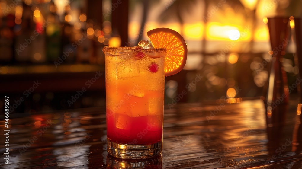A vibrant tropical cocktail with orange slice and cherries placed on a bar during a stunning sunset at a beachside location A vibrant tropical cocktail with orange slice and cherries placed on a bar during a stunning sunset at a beachside location