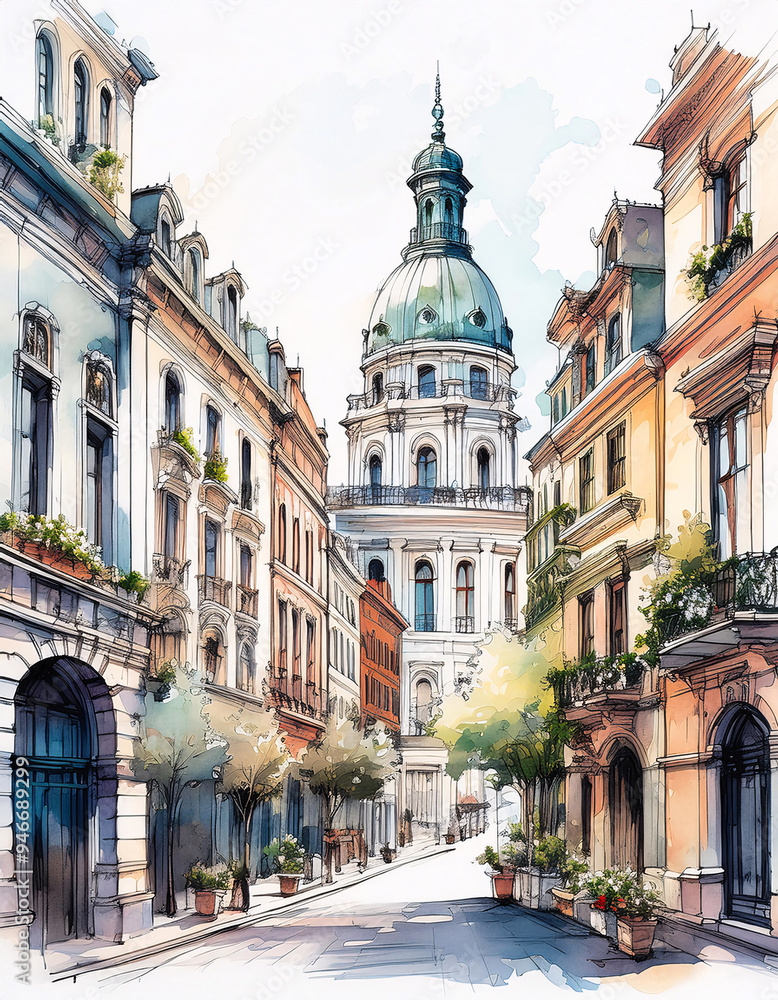 Naklejka premium Watercolor sketch of a serene Paris street leading to a grand dome