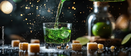 Detailed close-up of absinthe shots with sugar cubes photo