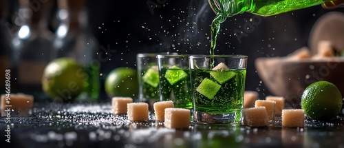 Detailed close-up of absinthe shots with sugar cubes photo