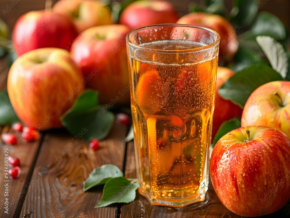 Freshly poured apple cider displayed alongside ripe red apples and green leaves on a rustic wooden table in a cozy autumn setting Freshly poured apple cider displayed alongside ripe red apples and green leaves on a rustic wooden table in a cozy autumn setting