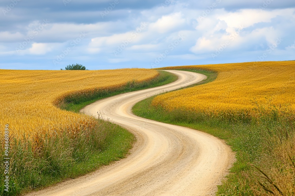 Winding road through golden wheat fields under cloudy sky Winding road through golden wheat fields under cloudy sky