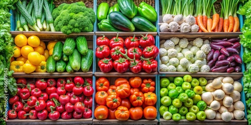 A Vibrant Display of Fresh Produce in Wooden Crates, ,fresh produce, farmers market, grocery shopping