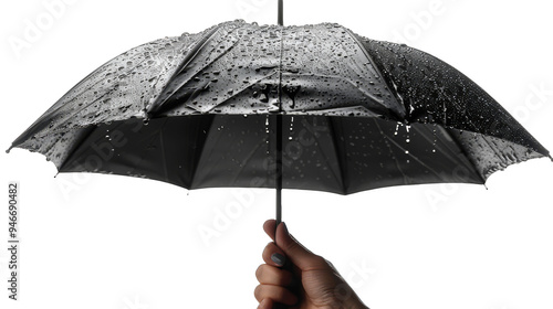 Hand holding a black umbrella isolated on transparent background photo