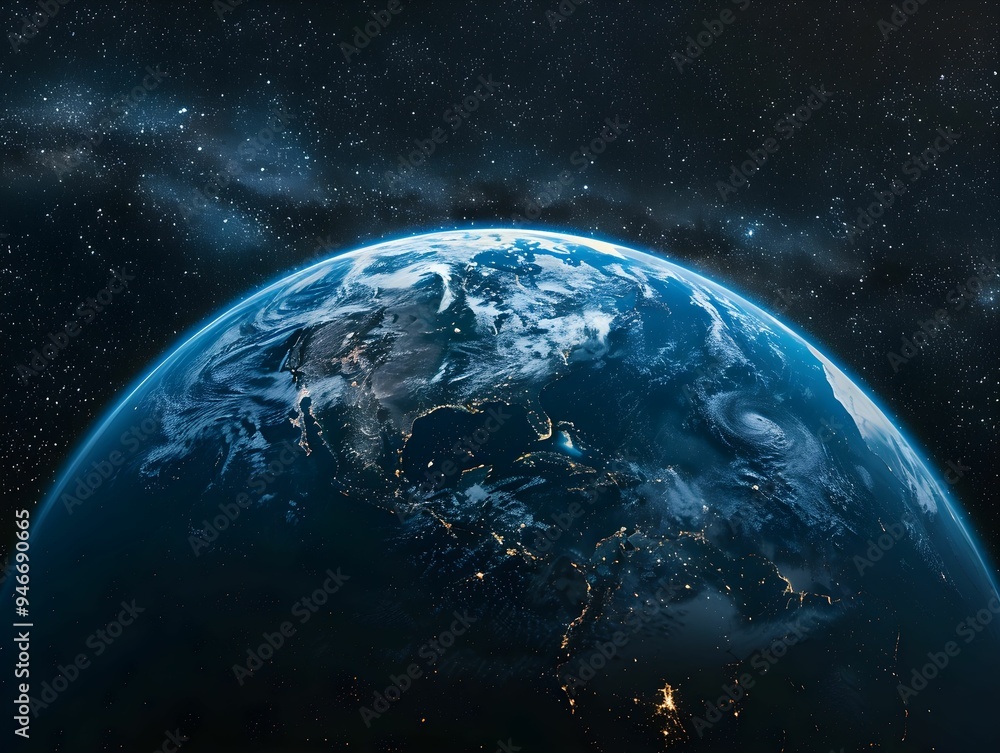 Earth seen from space at night showcasing city lights and natural features against a backdrop of stars Earth seen from space at night showcasing city lights and natural features against a backdrop of stars