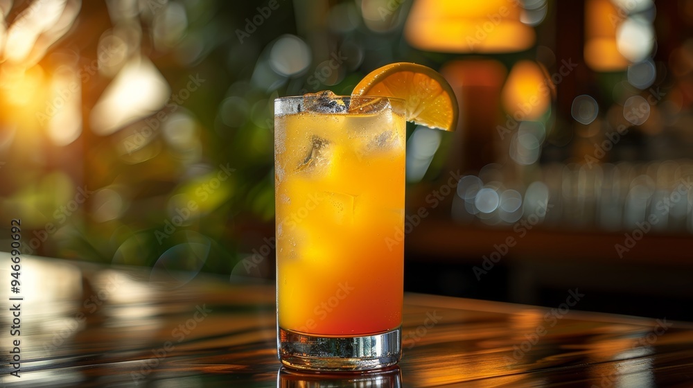 Refreshing tropical cocktail served in a tall glass with ice and a slice of orange at a vibrant bar during sunset Refreshing tropical cocktail served in a tall glass with ice and a slice of orange at a vibrant bar during sunset