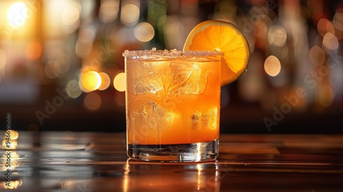 Vibrant orange cocktail garnished with a lemon slice served on a wooden bar in a lively setting during sunset hours