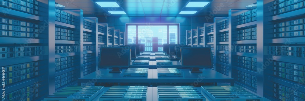 Fototapeta premium 3D rendering of data rooms designed for data storage, document exchange, and file sharing functionalities.