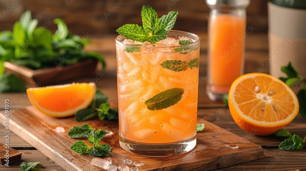 Refreshing orange mint cocktail served in a glass with ice on a wooden table surrounded by fresh mint and orange slices Refreshing orange mint cocktail served in a glass with ice on a wooden table surrounded by fresh mint and orange slices