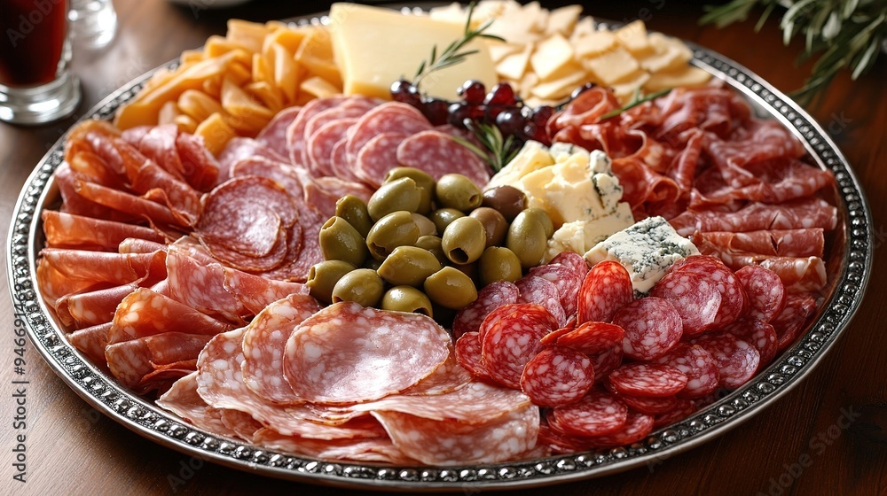 A platter of assorted cold cuts including ham, salami, and prosciutto, garnished with olives and cheese A platter of assorted cold cuts including ham, salami, and prosciutto, garnished with olives and cheese