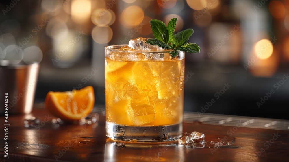 Refreshing cocktail with citrus and mint garnished, served on a wooden bar counter in a cozy evening atmosphere Refreshing cocktail with citrus and mint garnished, served on a wooden bar counter in a cozy evening atmosphere