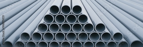 Close-up of a stacked arrangement of construction metal pipes isolated on a white background. 3D rendering.