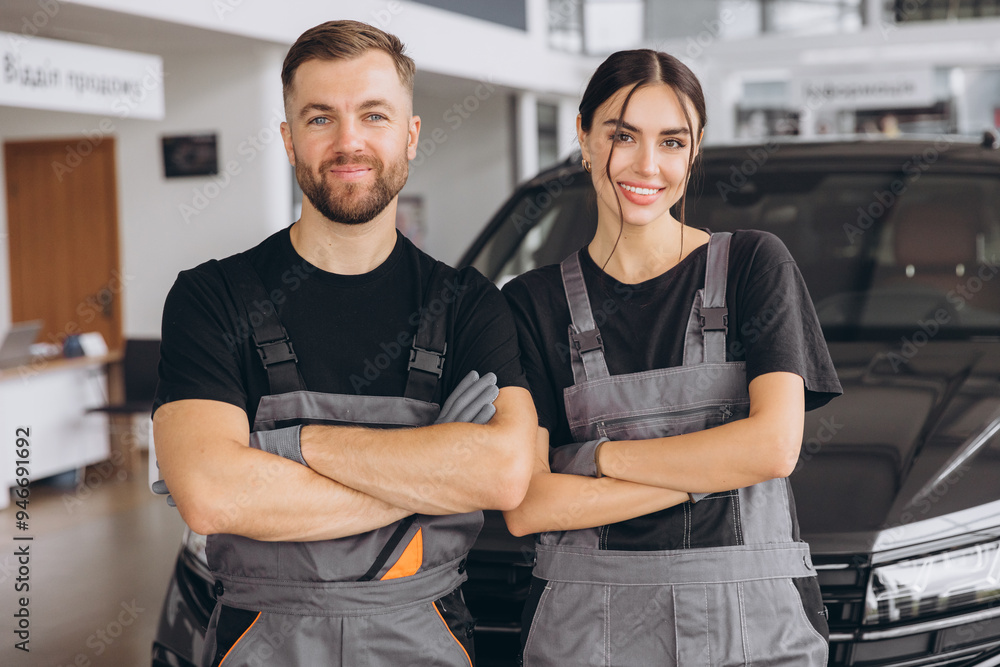 Auto car repair service center. Two happy mechanics - man and woman standing by the car Auto car repair service center. Two happy mechanics - man and woman standing by the car