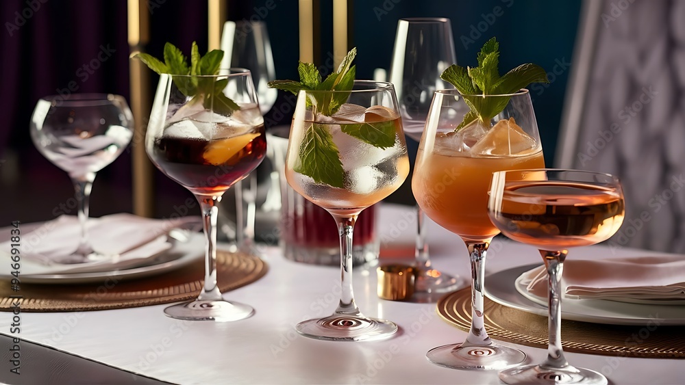 Close-up photo of delicious alcohol drinks with mint leaves on table Close-up photo of delicious alcohol drinks with mint leaves on table