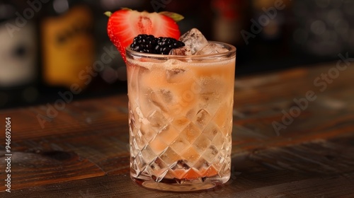 Refreshing berry cocktail served in a glass with ice and garnished with strawberries and blackberries at a bar photo