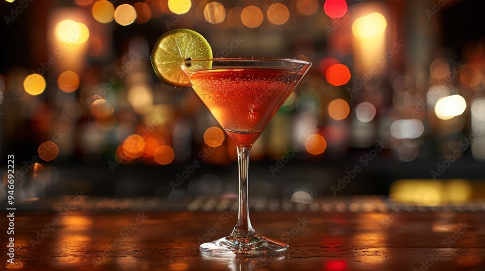 Vibrant cocktail with a lime garnish served at a busy bar during the evening hours, showcasing a lively atmosphere and colorful lights Vibrant cocktail with a lime garnish served at a busy bar during the evening hours, showcasing a lively atmosphere and colorful lights