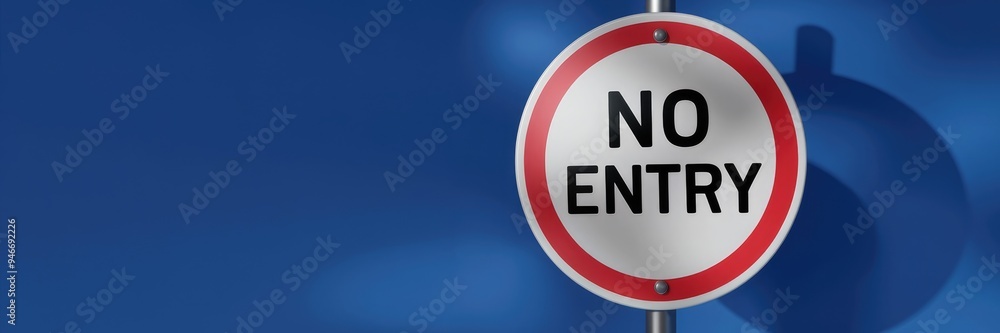 Isolated realistic white no entry road sign with shadow on the right side of the scene. 3D illustration against a blue background. Isolated realistic white no entry road sign with shadow on the right side of the scene. 3D illustration against a blue background.
