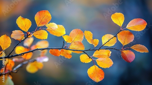  A yellow and red leaf-filled branch stands out against the hazy backdrop of blue, green, and yellow foliage