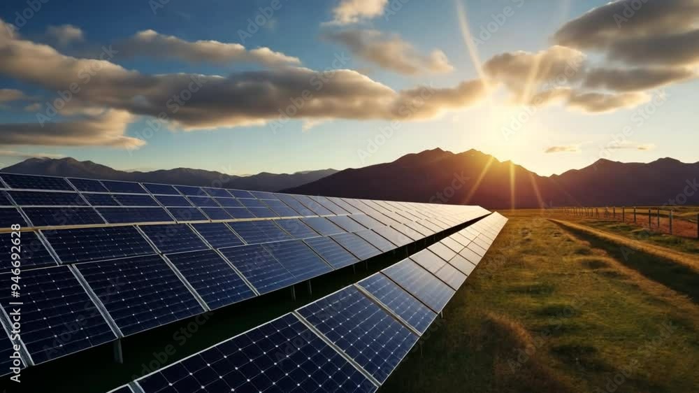 A solar panel array is shown in a field with a bright sun in the ...