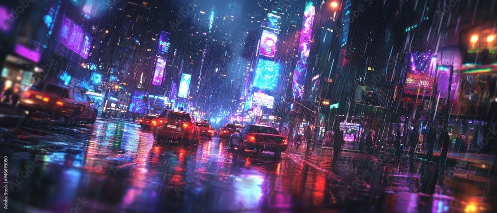 Fototapeta premium Neon Cityscape Under Rain