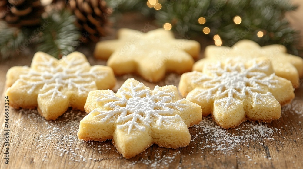 A group of snowflake-shaped cookies rests atop a wooden table alongside a Christmas tree and scattering of pine cones A group of snowflake-shaped cookies rests atop a wooden table alongside a Christmas tree and scattering of pine cones