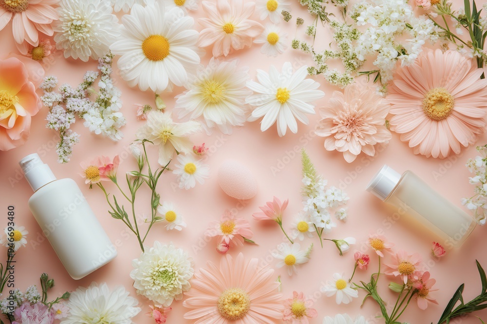 A serene arrangement of pastel flowers beside organic cosmetics showcases a gentle, calming aesthetic promoting natural beauty. Generative AI A serene arrangement of pastel flowers beside organic cosmetics showcases a gentle, calming aesthetic promoting natural beauty. Generative AI