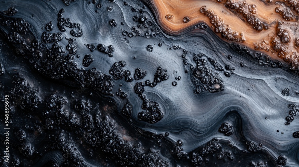 A dark and fluid abstract artwork showcasing a blend of various textures in shades of black and dark blue, highlighted by subtle orange tones, swirling patterns, and foamy bubbles. A dark and fluid abstract artwork showcasing a blend of various textures in shades of black and dark blue, highlighted by subtle orange tones, swirling patterns, and foamy bubbles.