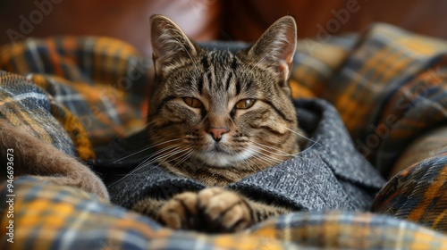 Cozy tabby cat wrapped in a soft blanket, lounging on a couch during a peaceful afternoon indoors