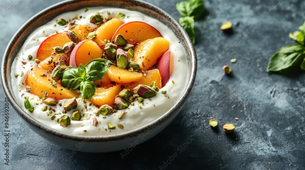 a banner showcasing a delightful breakfast yogurt with roasted pistachios and sliced peaches a simple and satisfying idea a banner showcasing a delightful breakfast yogurt with roasted pistachios and sliced peaches a simple and satisfying idea