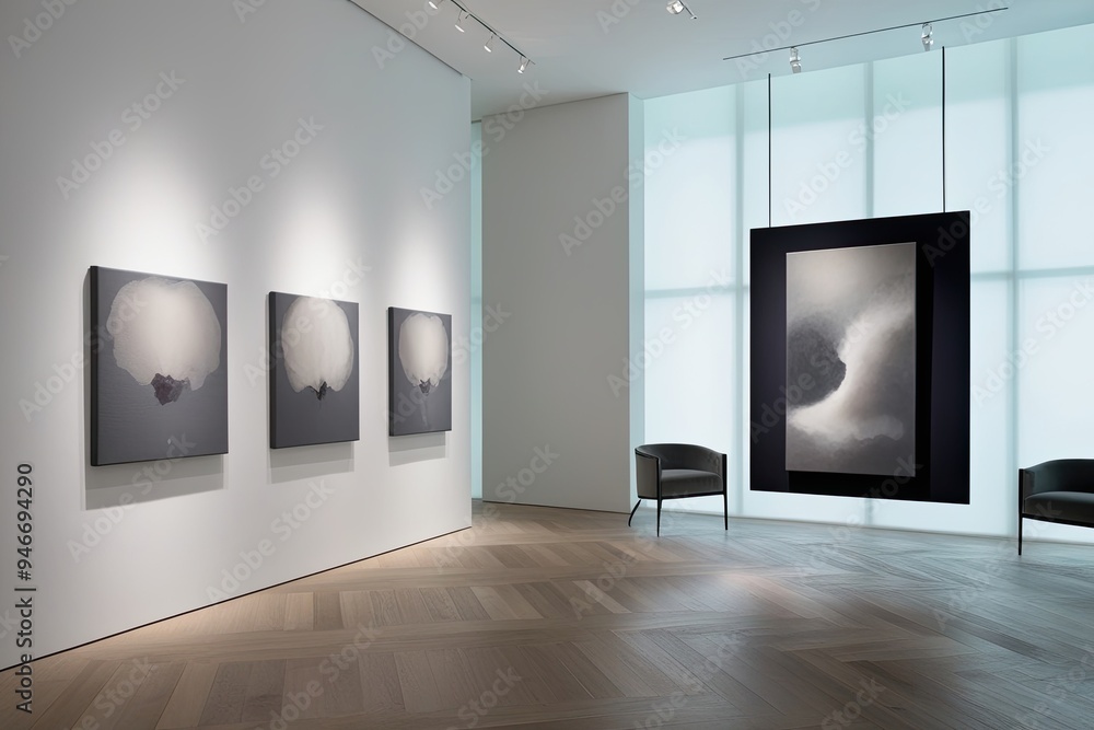 Contemporary Gray Canvas Showcase in a Luminous Gallery with Minimalist Accents Contemporary Gray Canvas Showcase in a Luminous Gallery with Minimalist Accents