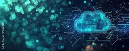 Wallpaper Mural Digital background featuring an icon of a cloud, with circuit lines on the right side and glowing light effects in blue and green tones Generative AI Torontodigital.ca