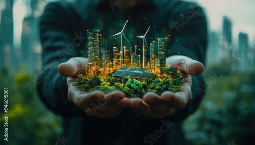 An entrepreneur presenting a green energy startup idea, with holographic displays of solar panels and wind farms in the background