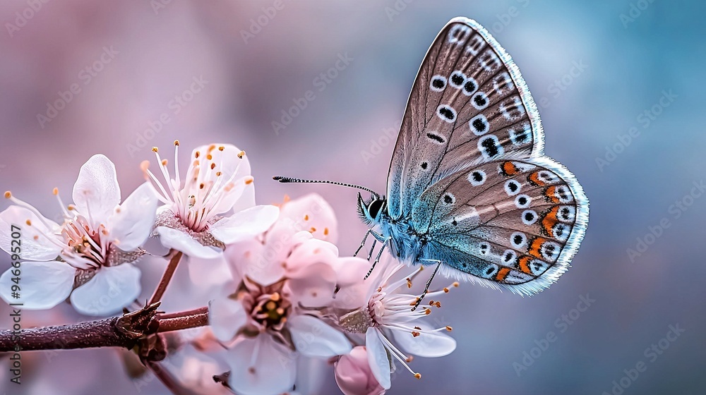 Butterfly on tree branch with white and pink flowers Butterfly on tree branch with white and pink flowers