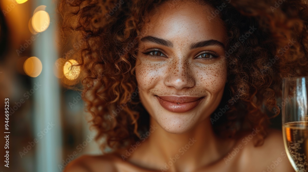 Fototapeta premium Smiling woman with curly hair enjoys a glass of champagne in a warmly lit social gathering during the evening