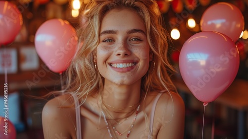 Young woman smiling joyfully among pink balloons in a lively café during a warm afternoon gathering