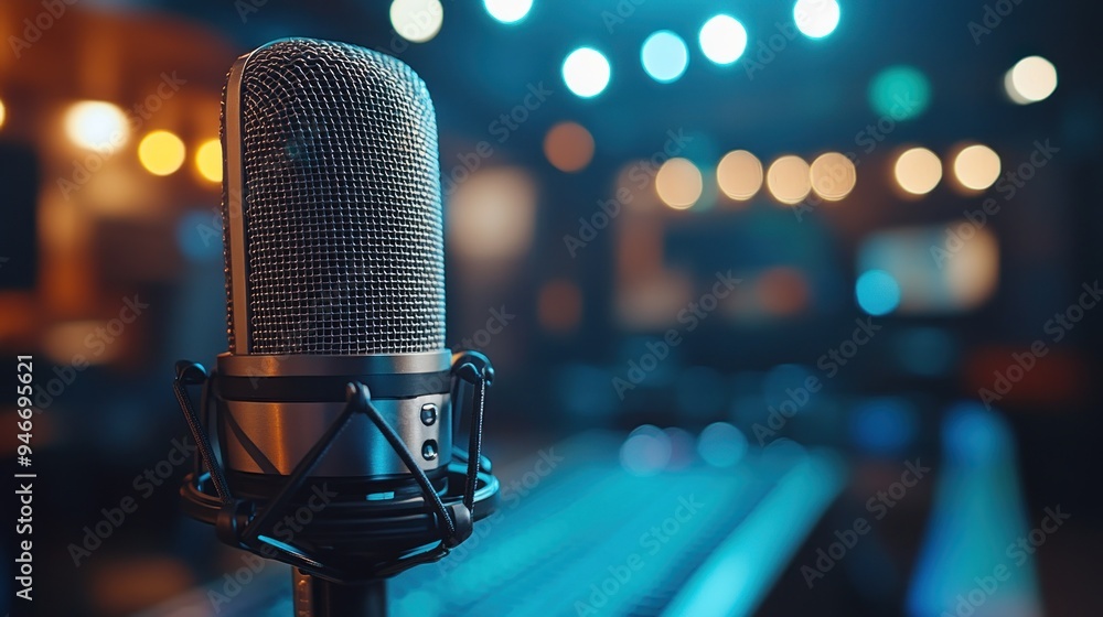 Close-up of a podcast microphone with soundproofing panels in the background. Close-up of a podcast microphone with soundproofing panels in the background.