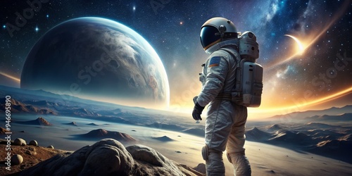 Astronaut Gazes at Distant Planet with Rings in a Starry Sky, Space Exploration, Cosmic Landscape, Alien World