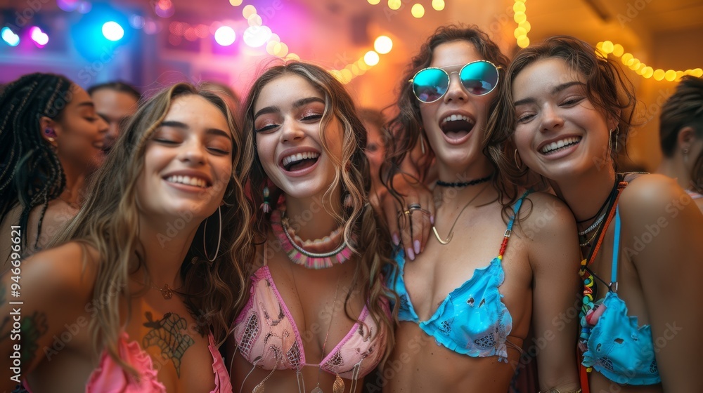 A vibrant group of friends enjoying a lively summer party at night, wearing colorful outfits and celebrating together indoors A vibrant group of friends enjoying a lively summer party at night, wearing colorful outfits and celebrating together indoors