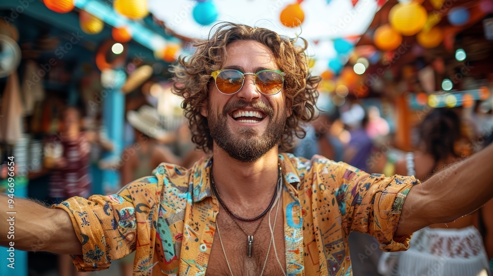 Joyful man in a colorful shirt enjoying a festive marketplace filled with lights and decorations during a lively summer evening Joyful man in a colorful shirt enjoying a festive marketplace filled with lights and decorations during a lively summer evening