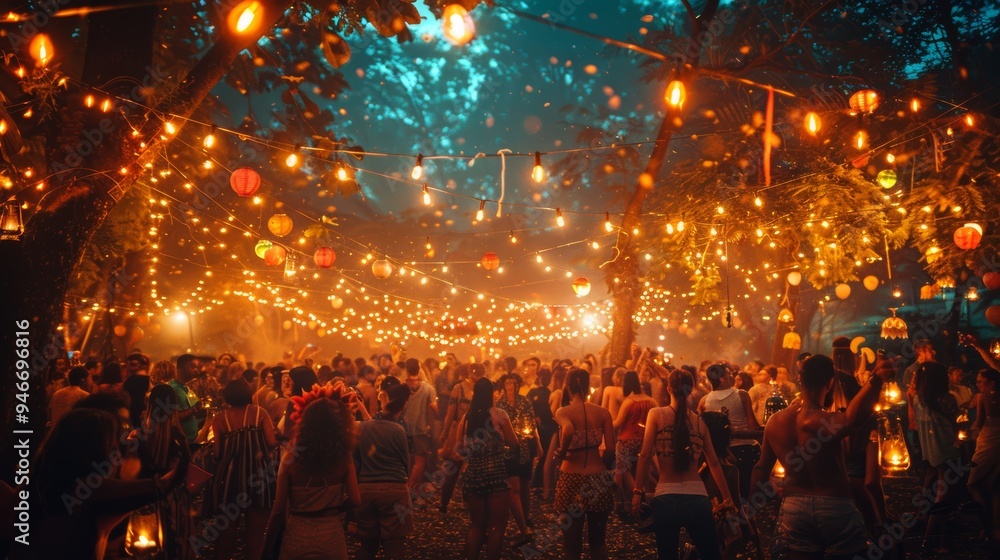 Fototapeta premium A vibrant evening festival under starry skies with colorful lanterns and cheerful crowds celebrating in a magical atmosphere