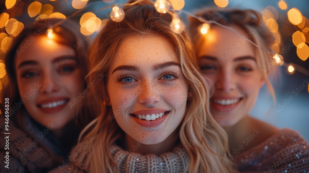Three young women smiling warmly while surrounded by twinkling holiday lights in a wintery, outdoor setting Three young women smiling warmly while surrounded by twinkling holiday lights in a wintery, outdoor setting