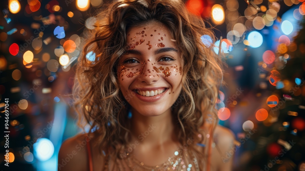 Joyful celebration with a young woman adorned in festive makeup, glowing amidst sparkling lights and vibrant bokeh effects during a special event Joyful celebration with a young woman adorned in festive makeup, glowing amidst sparkling lights and vibrant bokeh effects during a special event