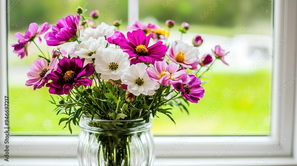 A vase filled with purple and white flowers sits on a window sill, framing the window A vase filled with purple and white flowers sits on a window sill, framing the window
