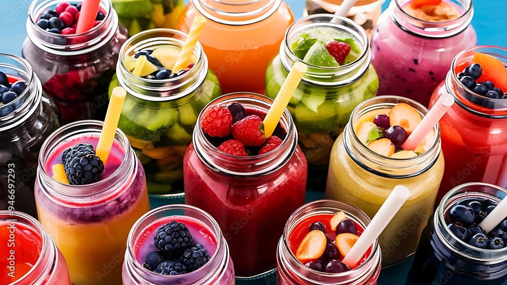 Organic detox drinks with berries, fruits and vegetables in jars and bottles with straws isolated on blue Organic detox drinks with berries, fruits and vegetables in jars and bottles with straws isolated on blue