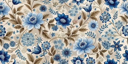 Blue and Brown Floral Patte...