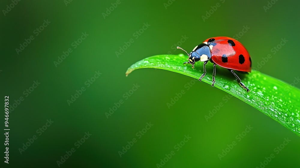 A ladybug perched atop a verdant leaf, droplets glistening on its hind legs A ladybug perched atop a verdant leaf, droplets glistening on its hind legs
