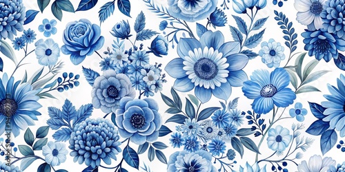 Blue Floral Watercolor Seam...